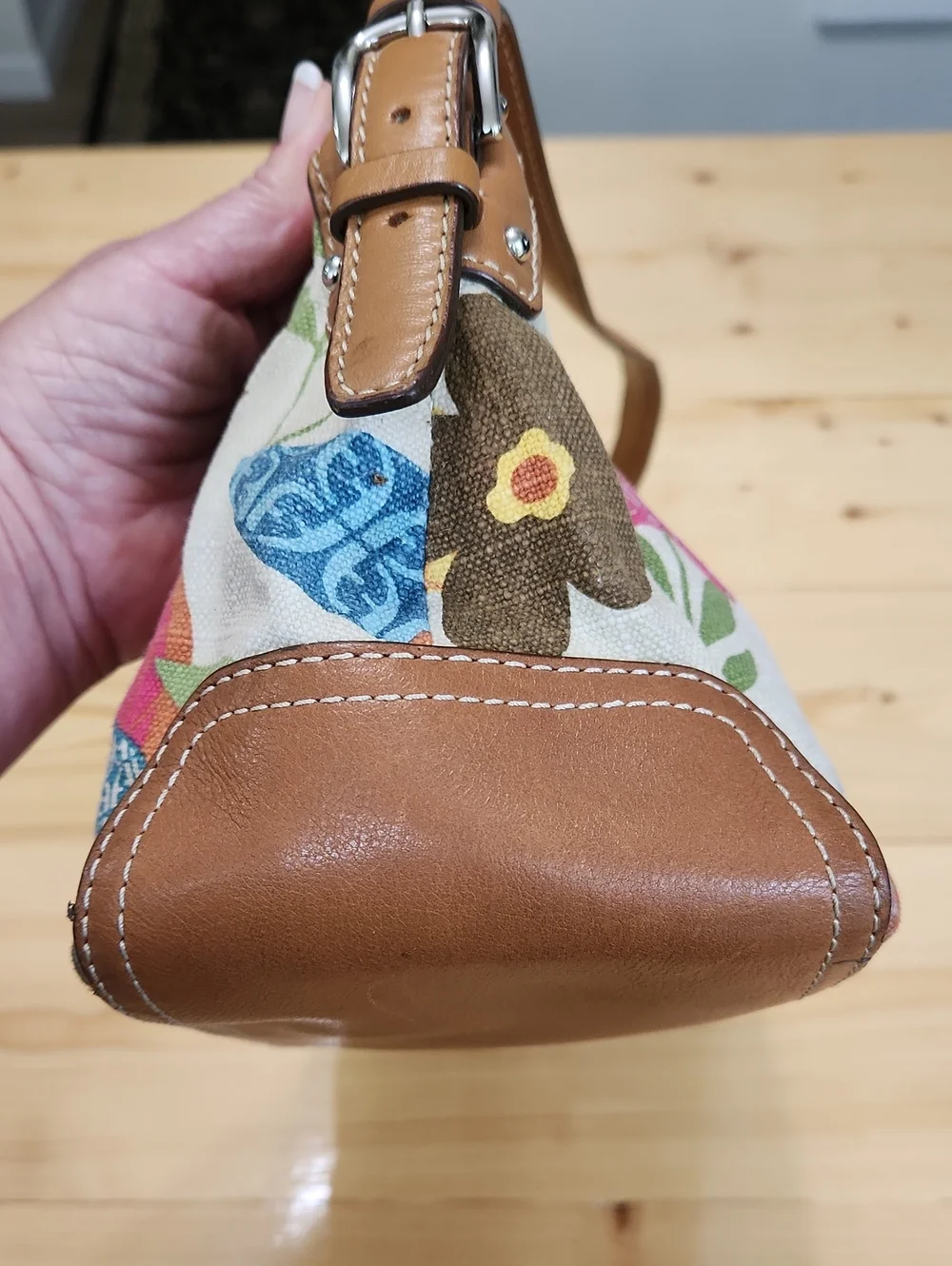 Vintage Fossil Floral Canvas Shoulder Bag Leather Trim Y2k - Picture 10 of 17